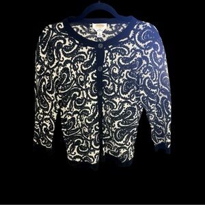Talbots Merino Wool Black and White Paisley Sweater